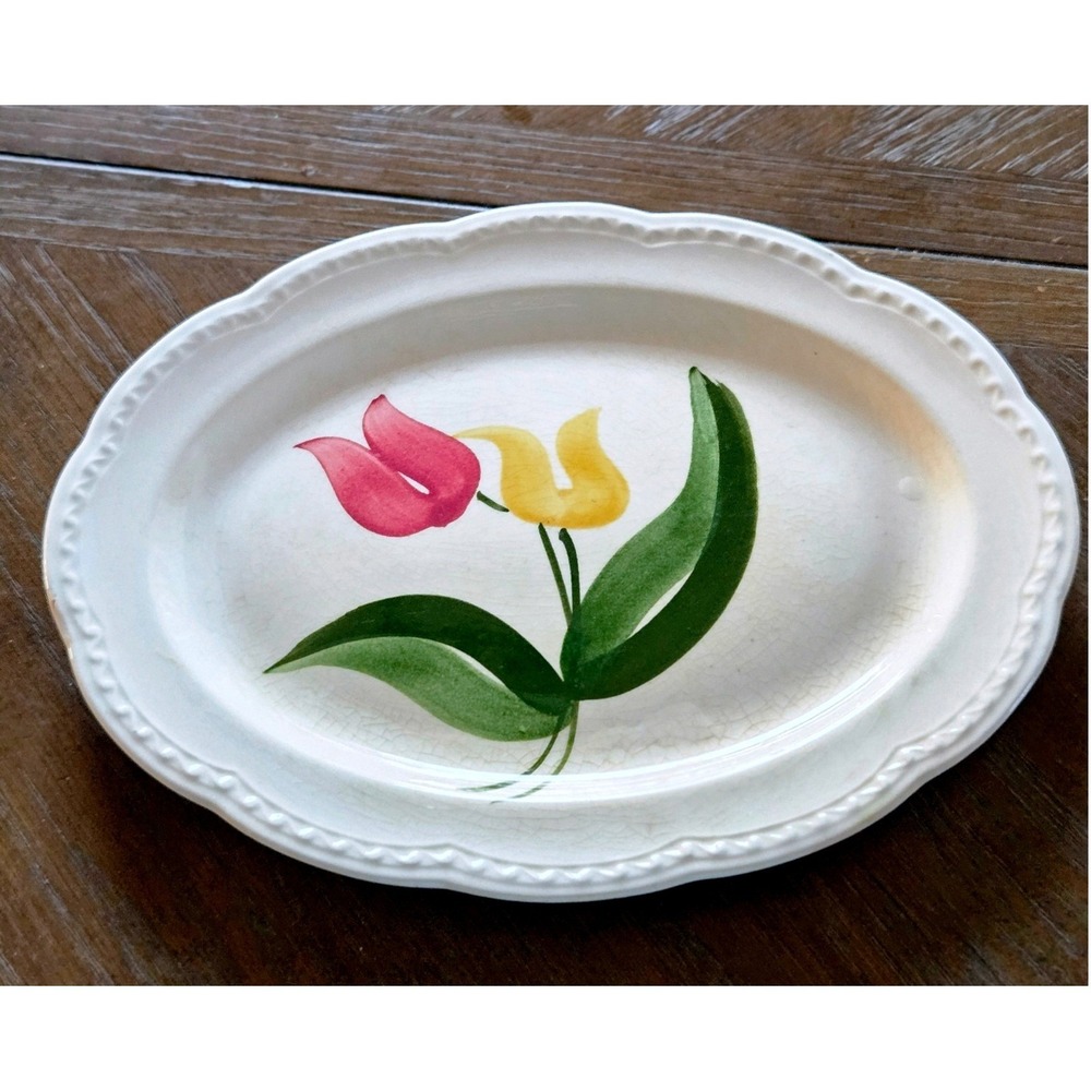 Tulip Time Vintage Oval Serving Platter Hand Painted Pink Yellow Floral Cream